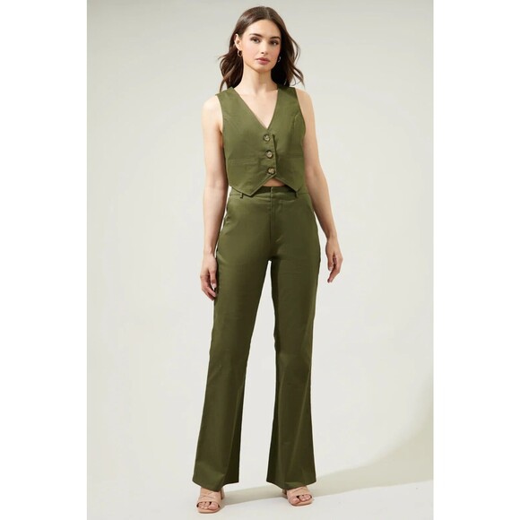Sugarlips Pants - Sugarlips Women Blossom Flare Pants olive green Side pockets High waist Sz small